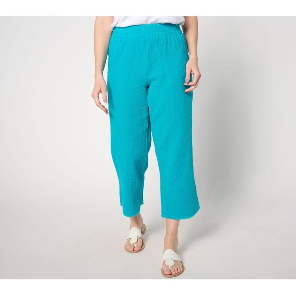 Calvin Klein Women's Petite Pants 4XP Cotton Gauze Frayed Edge Pant Blue